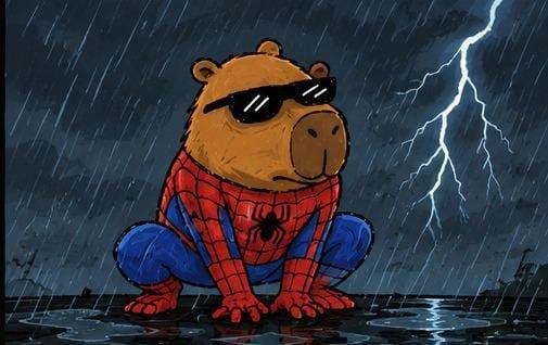 Capyderman crouching in the rain