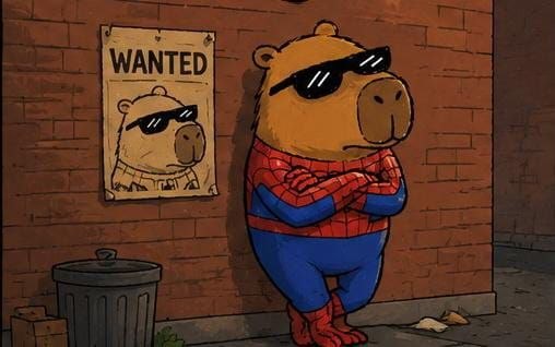 Capyderman leaning next to his wanted poster